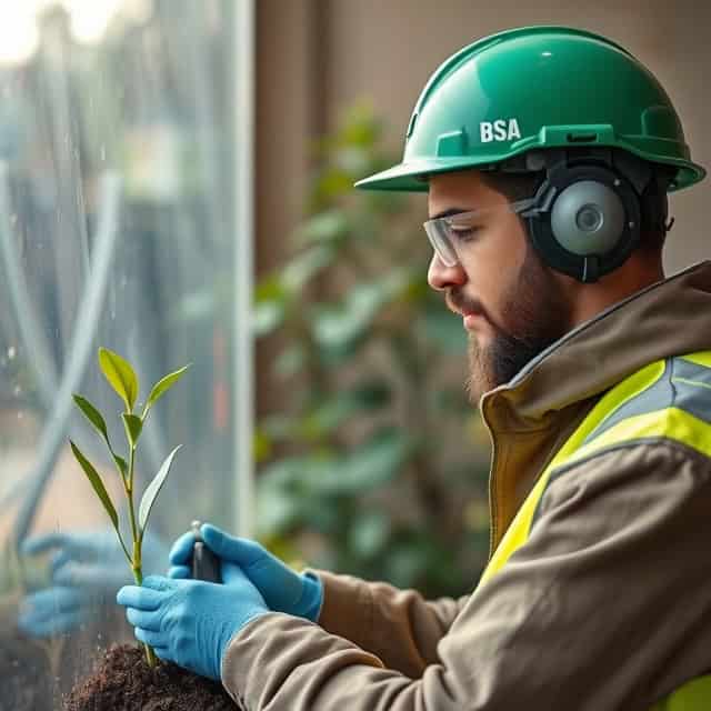 environmental management consultant with helmet on planting a plant