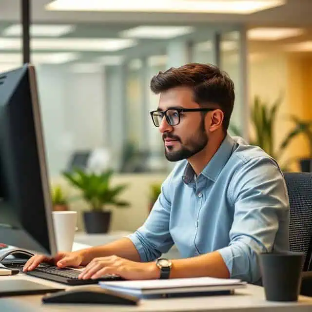 interim marketing manager working behind his desk in office