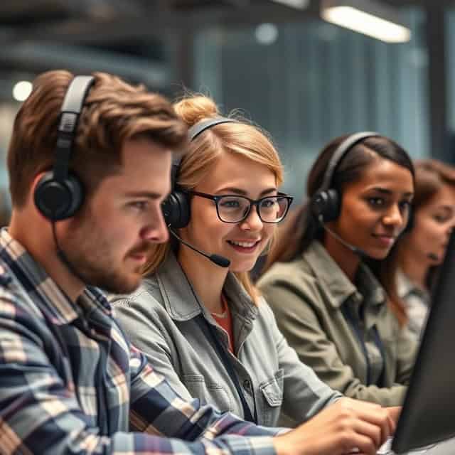 team of technical support services specialists with headsets working next to each other
