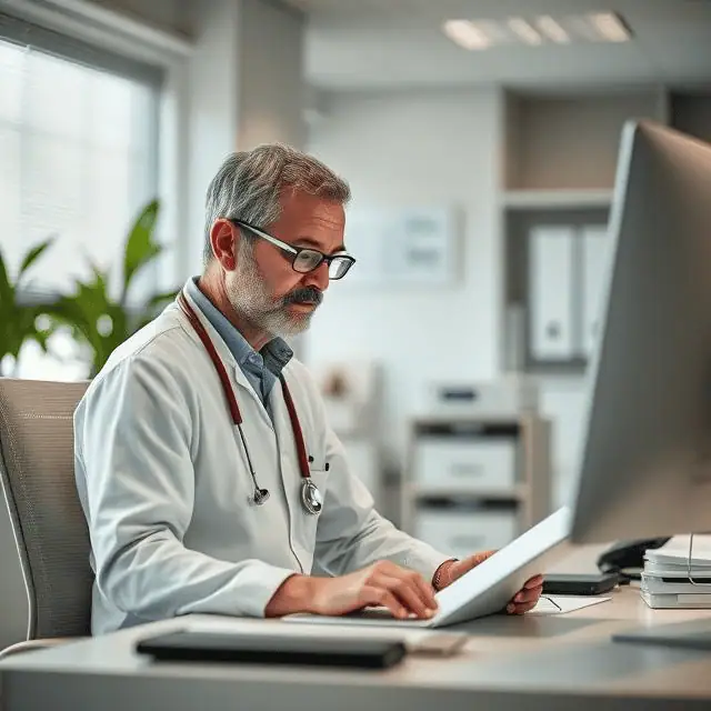 healthcare interim management expert working on computer