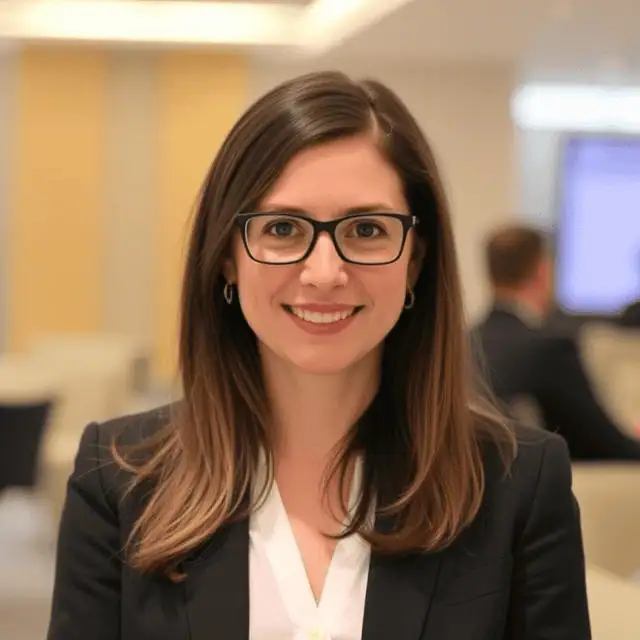 a woman wearing glasses and a suit