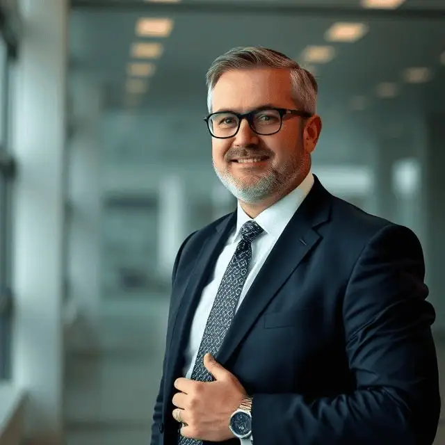 interim general manager in a suit smiling