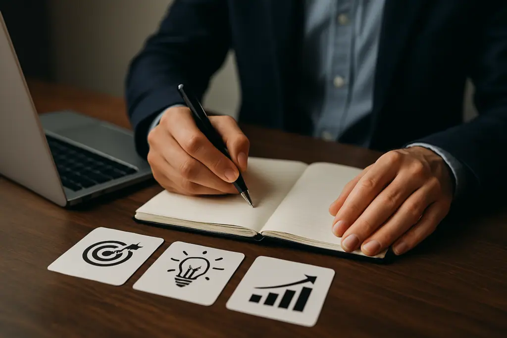 Professional writing in notebook at desk, surrounded by strategy icons