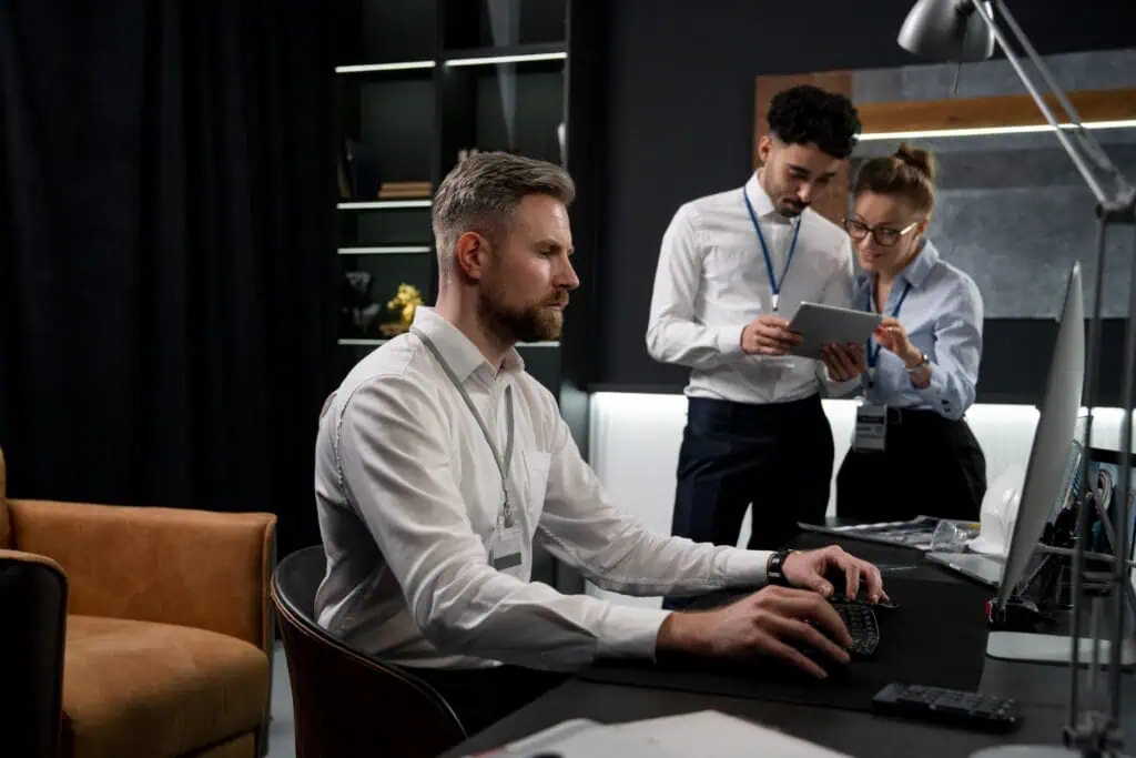 Automation manager working on a computer while two workers stand in the back and discuss reports shown on the tablet