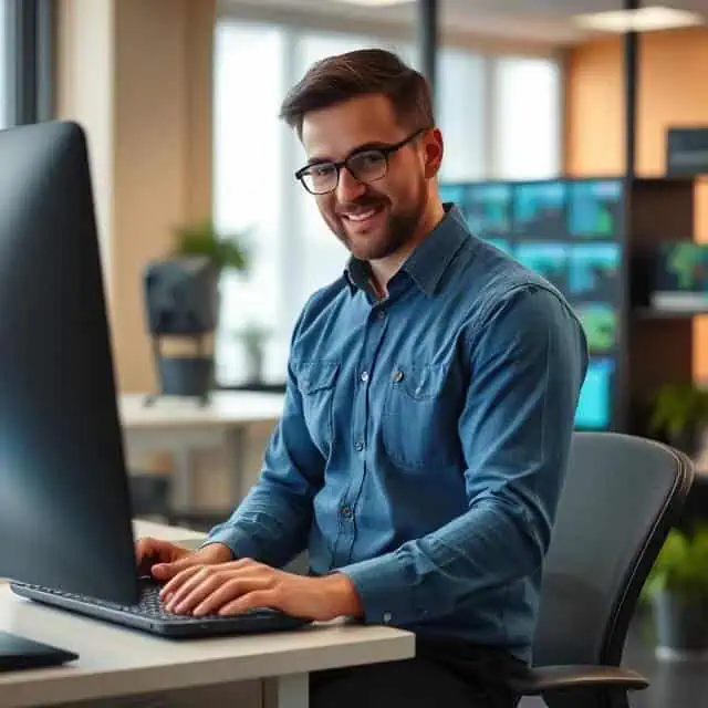 Automation specialist smiling while working on a computer in office