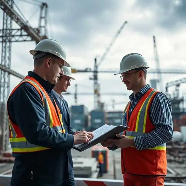 Industrial consultants standing on site, wearing protective helmets and vest, looking at a plan and discussing it