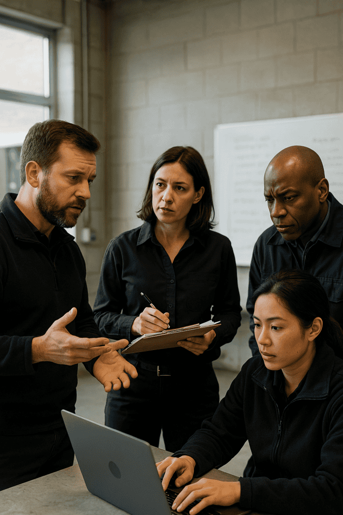 Group of four diverse interim procurement managers gathered to discuss reports