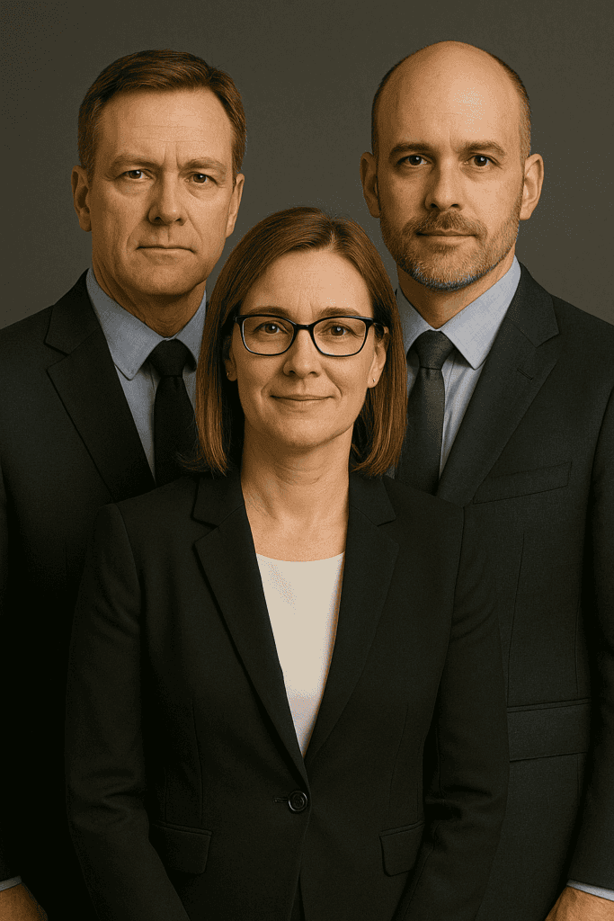 Team of CEOs in suits standing next to each other with subtle smiles