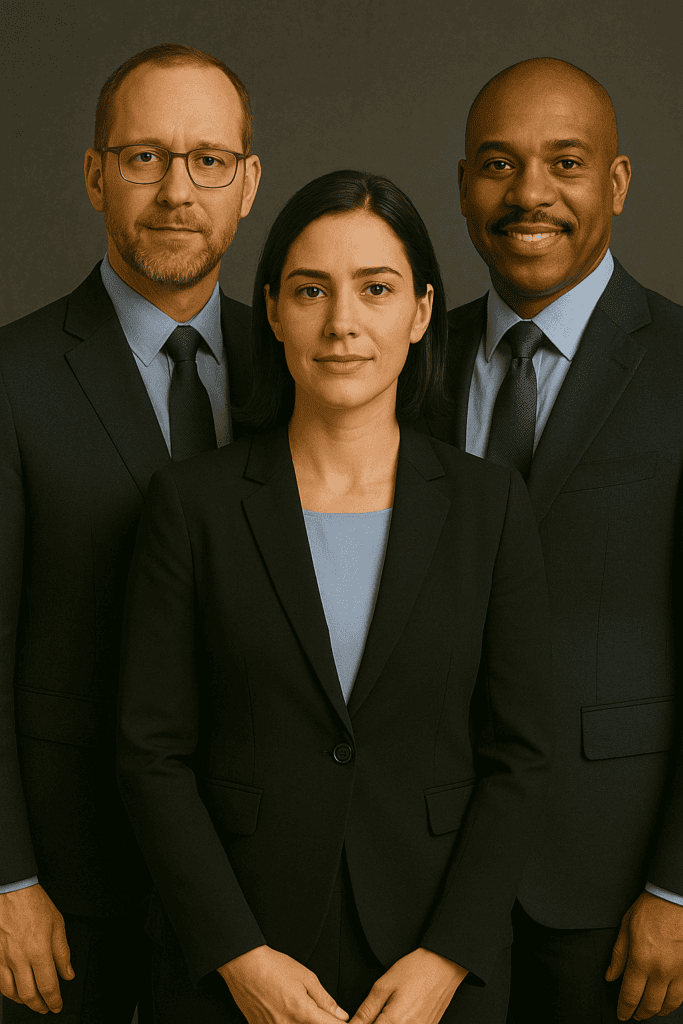 Three CFOs, one woman in the middle and two male standing at each side