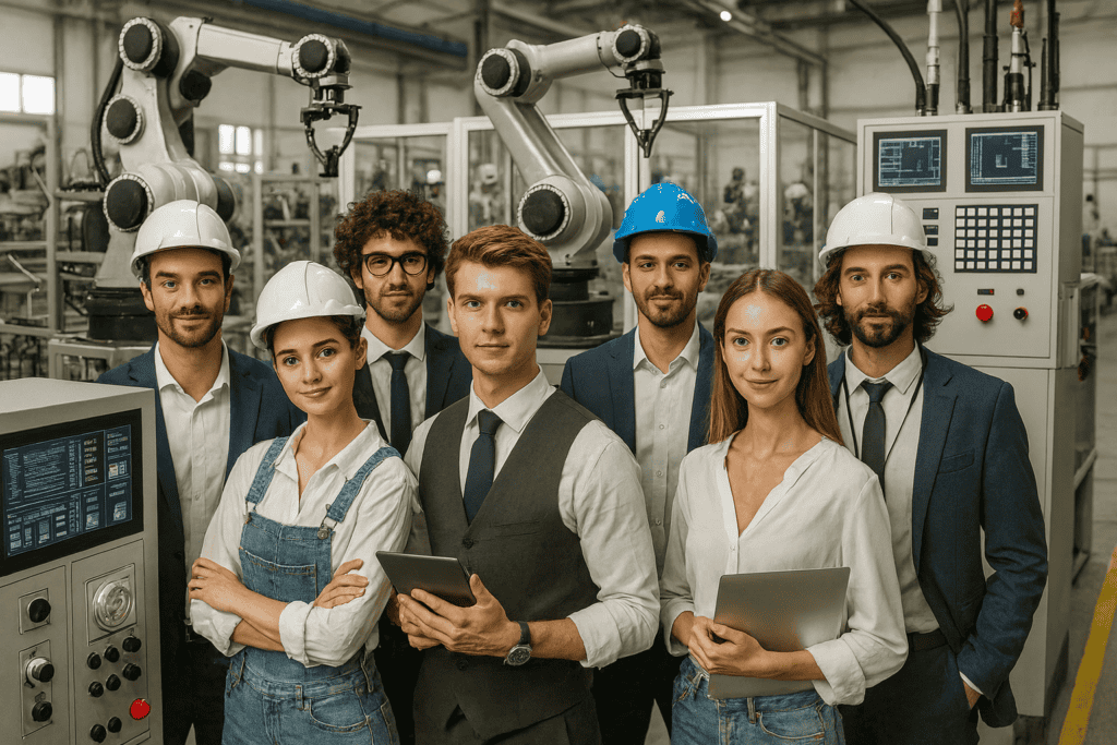 Group of robotics software engineers standing near machines