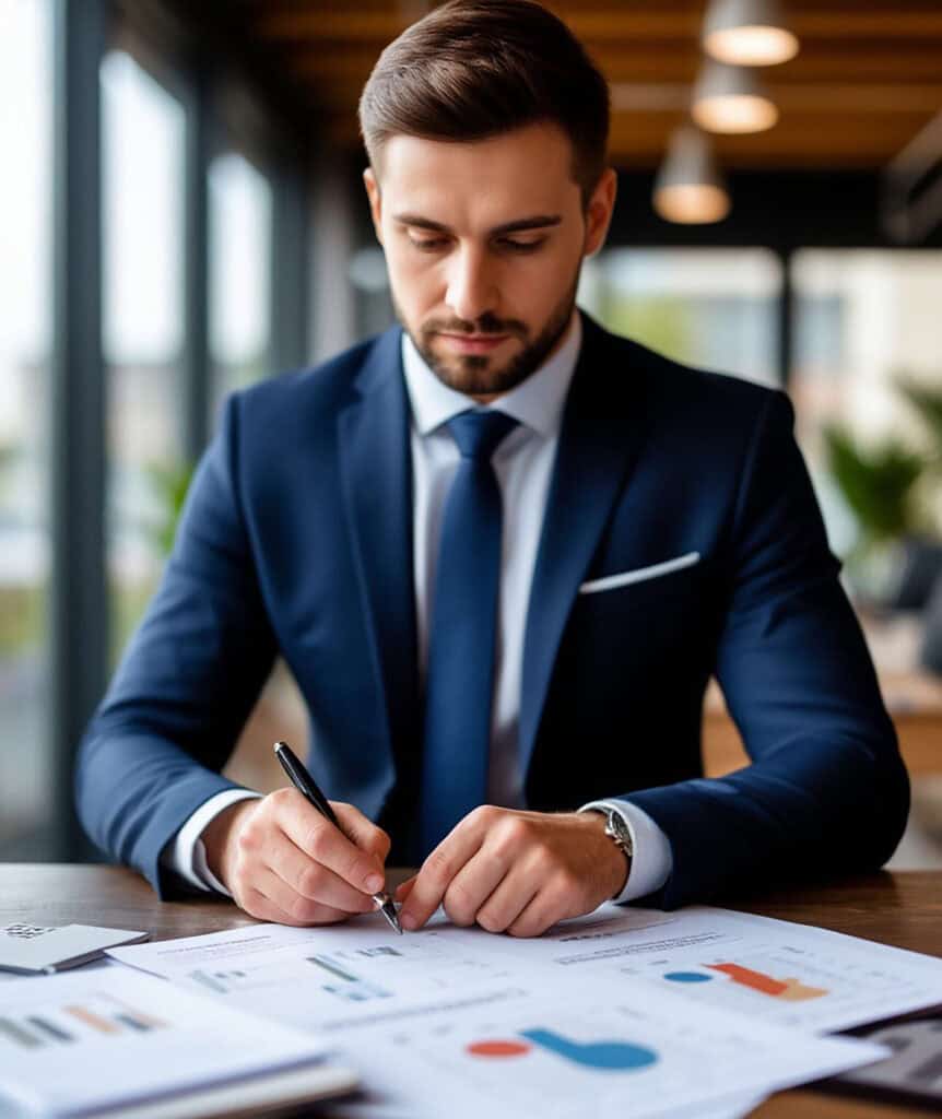 Interim management finance expert in a blue suit sitting at a desk writing notes on reports