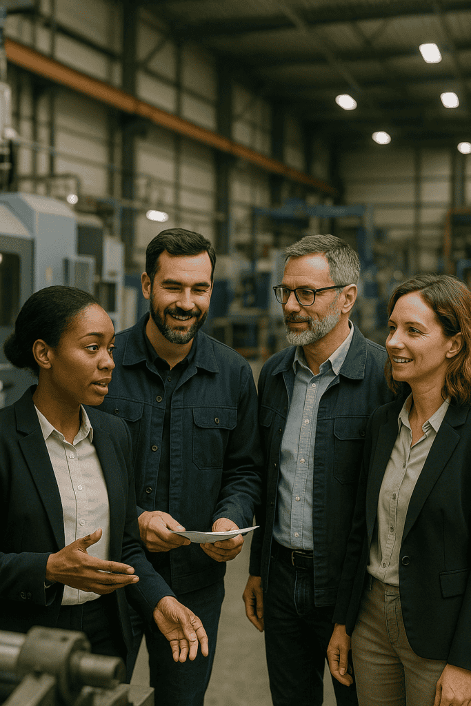 Interim production managers having a talk about the product in a hall