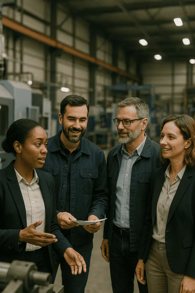 Interim production managers having a talk about the product in a hall