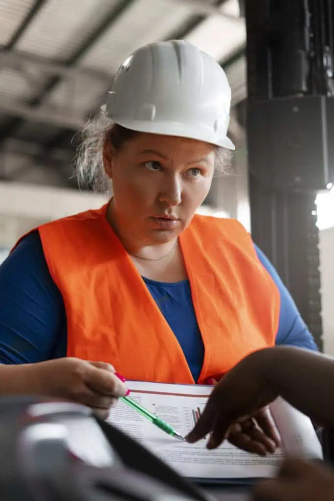 Quality testing expert in protective helmet and orange reflective vestis showing her report to someone and pointing at it with a pen