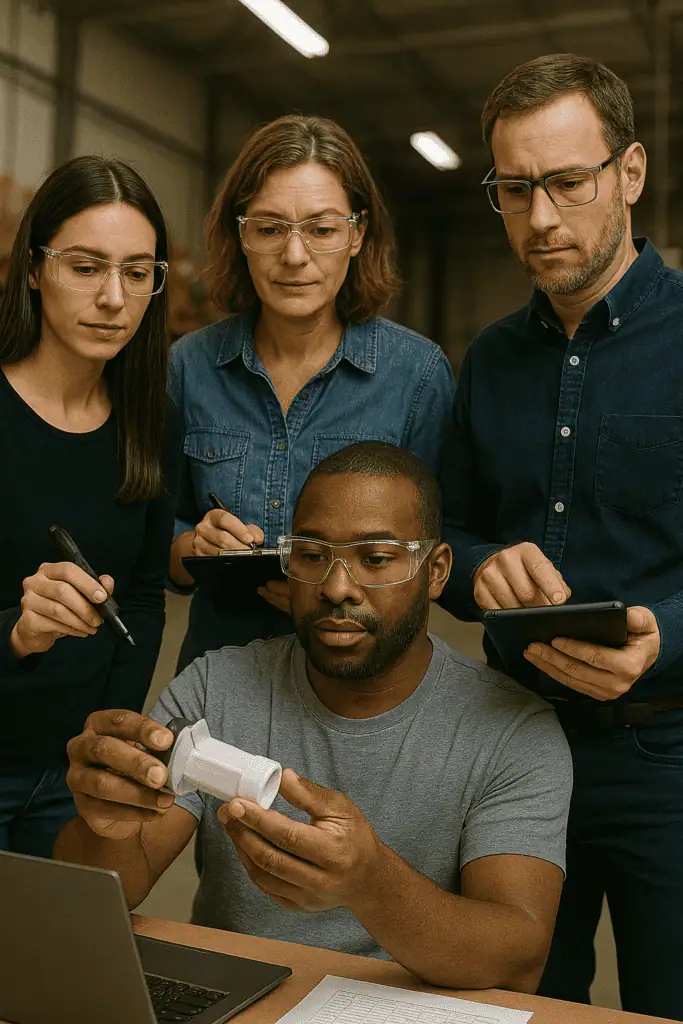 Group of quality testing professionals checking the quality of a machine part, taking notes about the findings