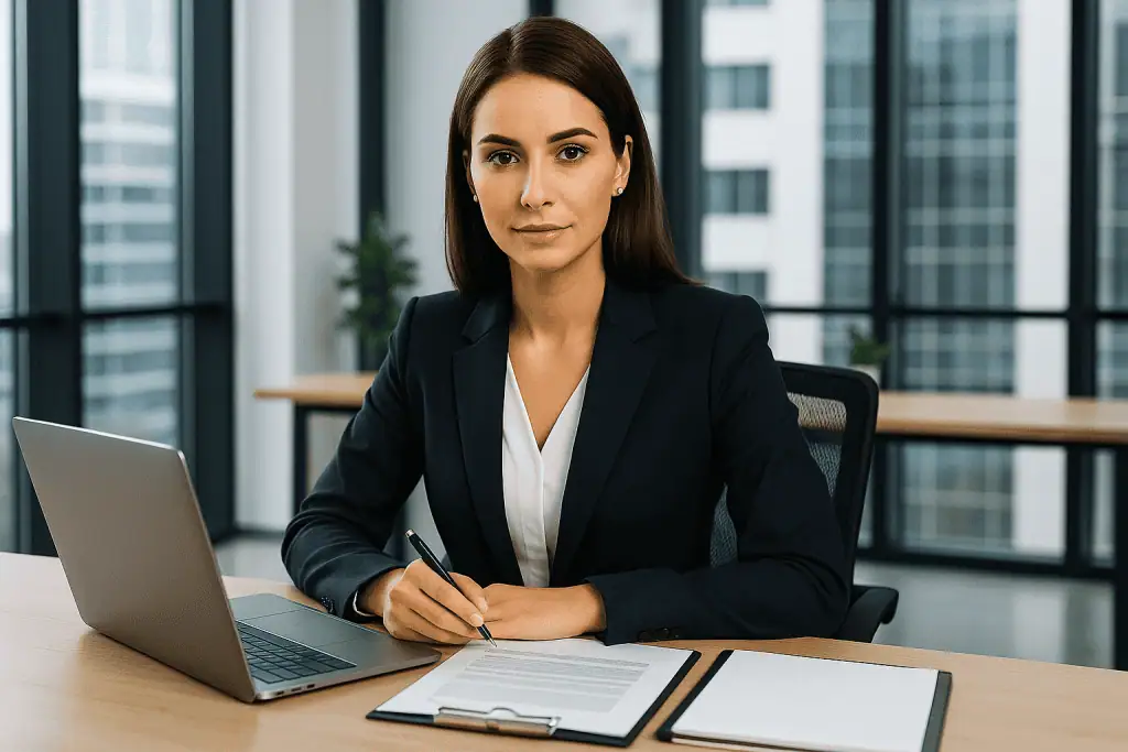 8D services expert working at her desk, taking notes in her notepad next to a laptop