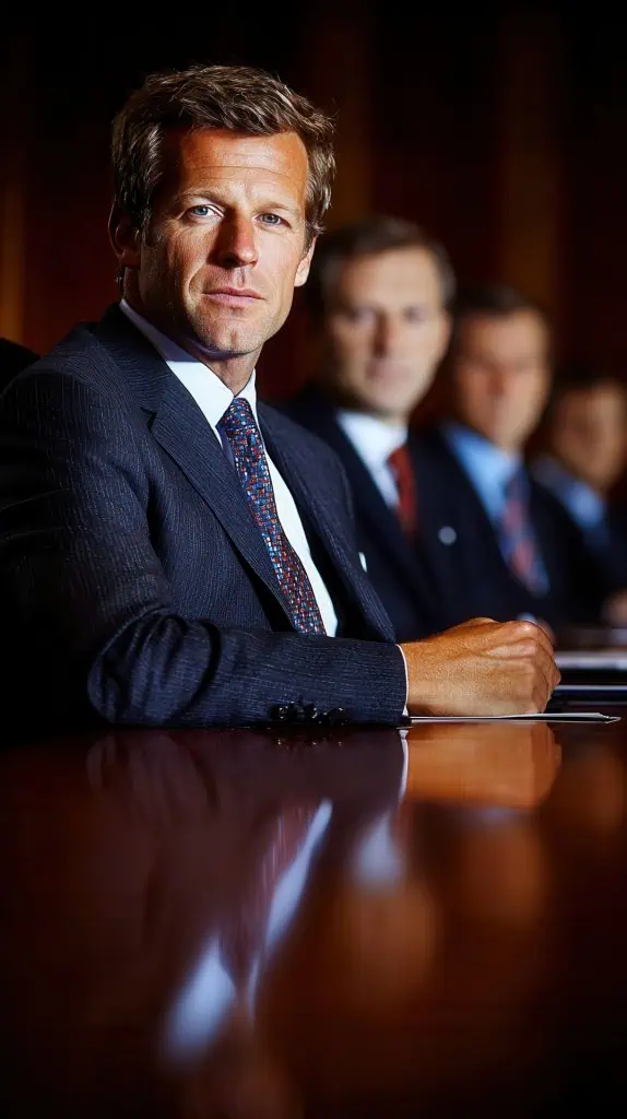 A confident businessman sits at a long conference table, surrounded by colleagues.