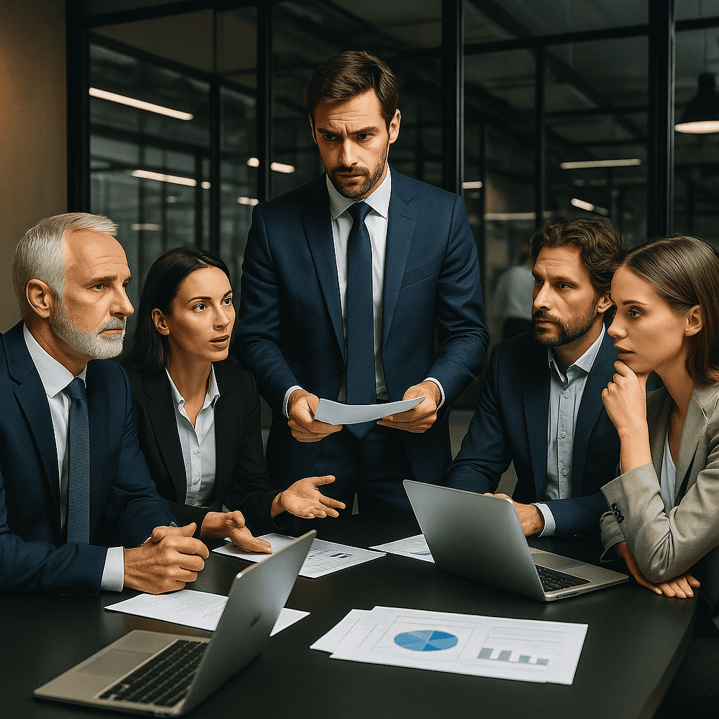 Group of five crisis management experts, two women and three men, sit at a table with laptops and reports, discussing the approach to a crisis