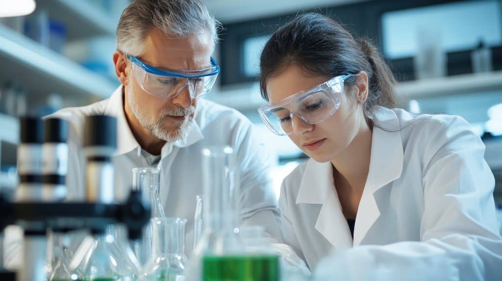 Two scientists work together in a modern laboratory setting
