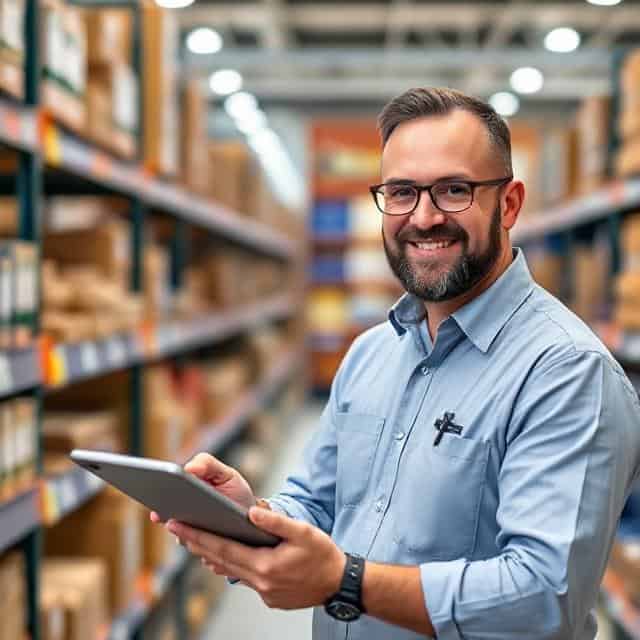 Logistics manager stands in a warehouse, checking the inventory on his tablet