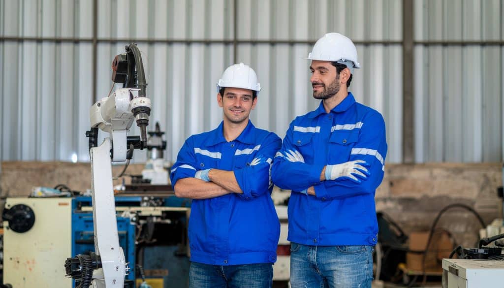 Two male factory workers in blue work attire and white hard helmets stand in a hall next to an industrial robot arm