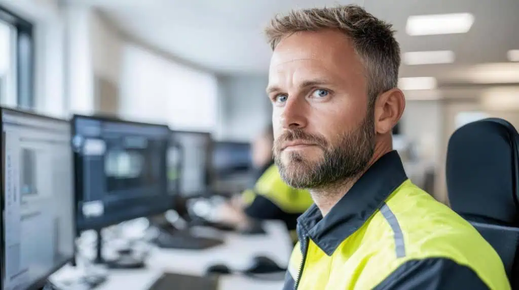 PLC manager wearing yellow vest is sitting in front of computer