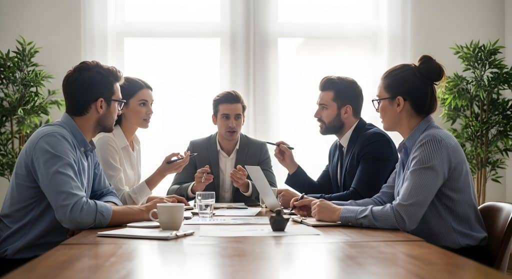 A group of business people sitting at table in meeting room, discussing matters