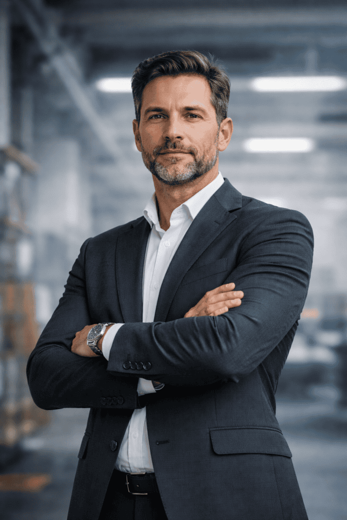 Confident young interim manager in a suit standing with arms crossed