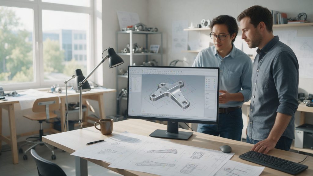 Dva konstruktéři procházejí 3D model kovového držáku v CAD během FMEA návrhu