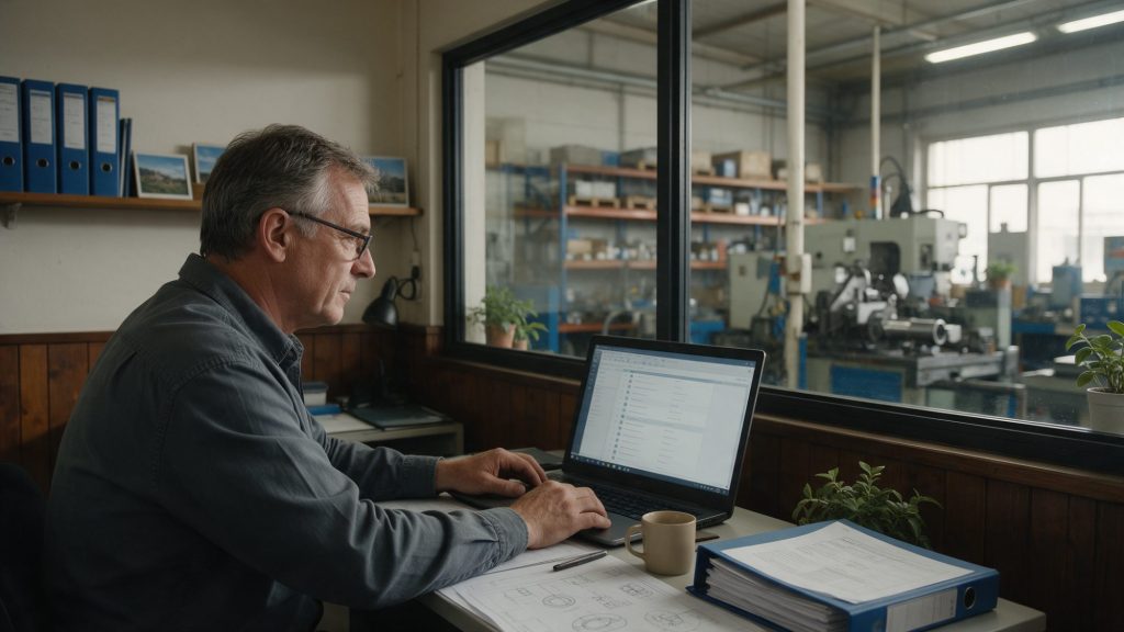 Zkušený inženýr si na notebooku v kanceláři vedle výrobní haly prohlíží otevřené interim projekty