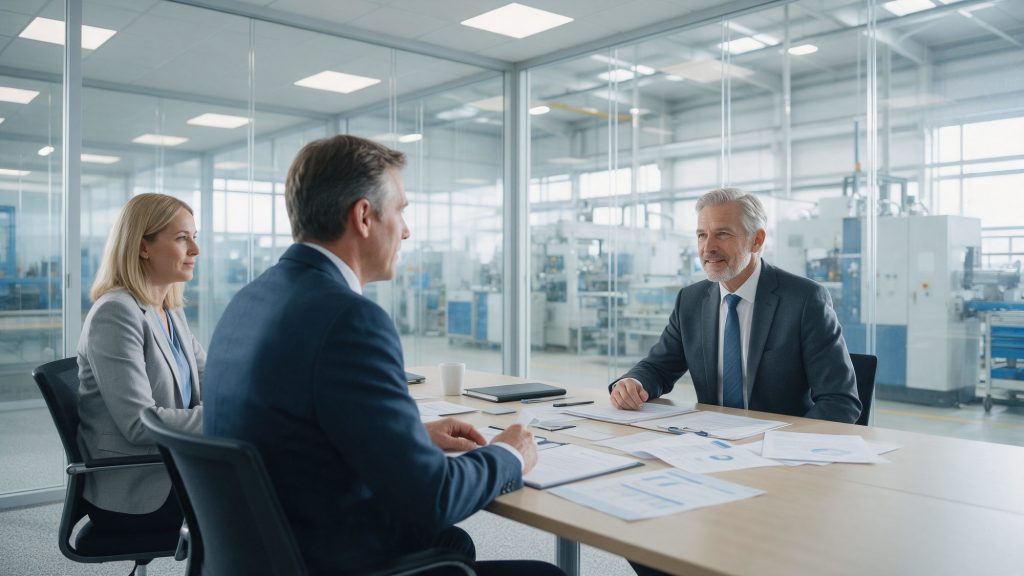 Jednatel vede pohovor s kandidátem na obchodního ředitele v zasedací místnosti vedle výrobní haly
