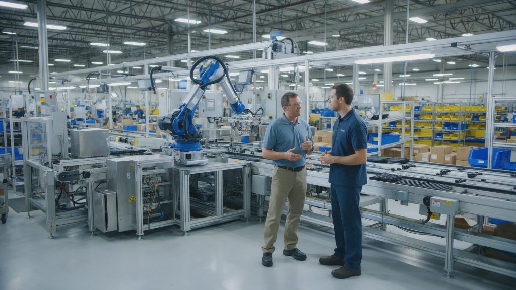Inženýr automatizace a mistr výroby mluví u robotizované montážní linky ve výrobním závodě